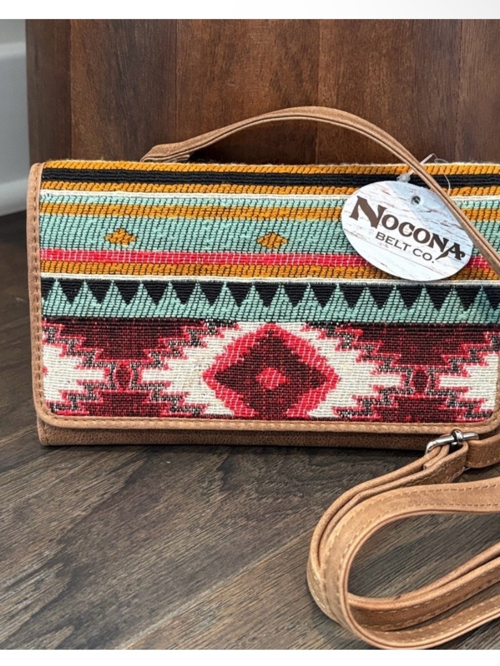 Nocona Multicolor Aztec Crossbody Wallet with Turquoise and Tan Trim